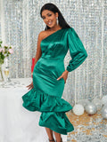 kkboxly  Off Shoulder Lantern Sleeve Ruffle Hem Bodycon Dress, Elegant Bridesmaid Party Guest Dresses For Banquet, Women's Clothing