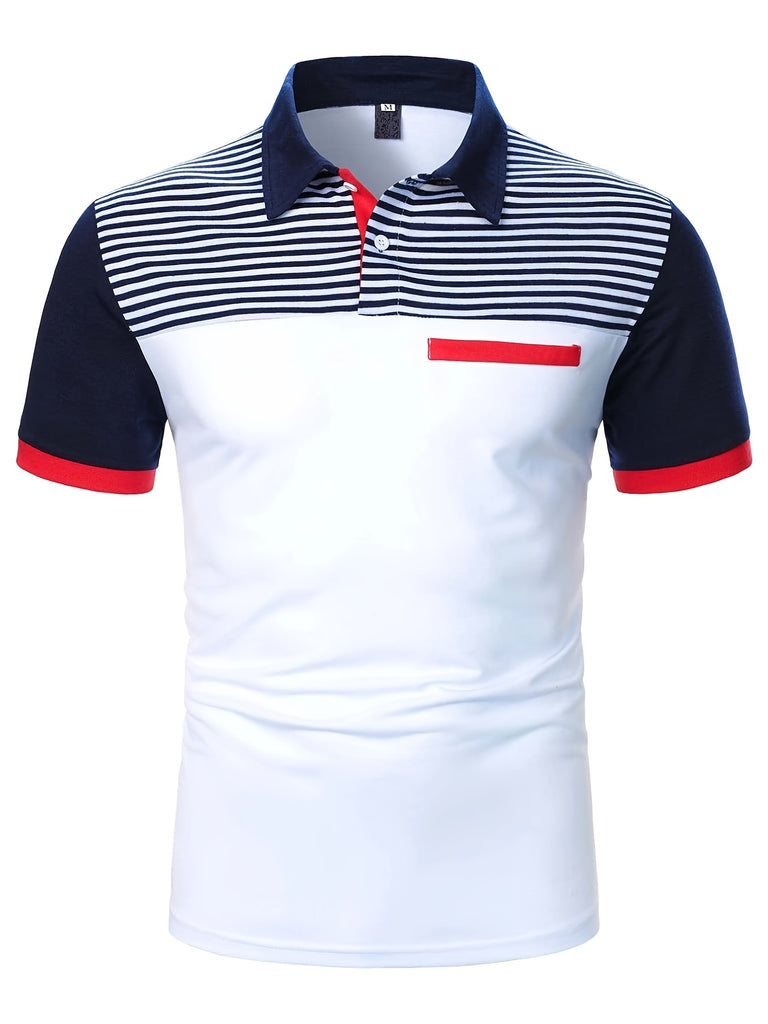 kkboxly  Stripe Pattern Casual Mid Stretch Button Up Short Sleeve Polo Shirt, Men's POLO For Summer