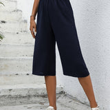kkboxly  Minimalist Solid Wide Leg Capris, Casual Versatile High Waist Pants For Spring & Summer, Women's Clothing