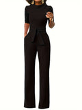 kkboxly  Solid Tie Waist Jumpsuit, Elegant Lapel Half Sleeve Jumpsuit, Women's Clothing