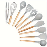 kkboxly 10pcs/set, Silicone Utensil Set, Kitchen Utensil Set, Safety Cooking Utensils Set, Non-Stick Cooking Utensils Set With Wooden Handle, Washable Modern Cookware, Kitchen Stuff, Kitchen Gadgets, Kitchen Essentials