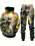 kkboxly  Plus Size Men's Wolf & Letters Graphic Print Sweatshirt & Sweatpants Set For Sports/outdoor/workout, Spring/autumn 2Pcs Tracksuit For Big & Tall Males, Men's Clothing