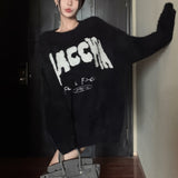 kkboxly Letter Print Crew Neck Pullover Sweater, Long Sleeve Knitted Sweater For Fall, Women's Clothing