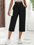 kkboxly  Minimalist Buttoned Wide Leg Elastic Waist Pants, Casual Versatile Solid Buttons Pants, Women's Clothing
