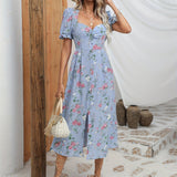kkboxly  Floral Print Sweetheart Neck Dress, Vacation Puff Sleeve Split High Waist Dress, Women's Clothing
