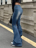 kkboxly Plain Washed Retro Flare Jeans, Slim Fit High Stretch Slant Pockets Bell Bottom Jeans, Women's Denim Jeans & Clothing