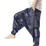 kkboxly kkboxly  Ethnic Pattern Vintage Cotton Harem Pants, Men's Casual Drop Crotch Jogging Harem Pants For Spring Summer