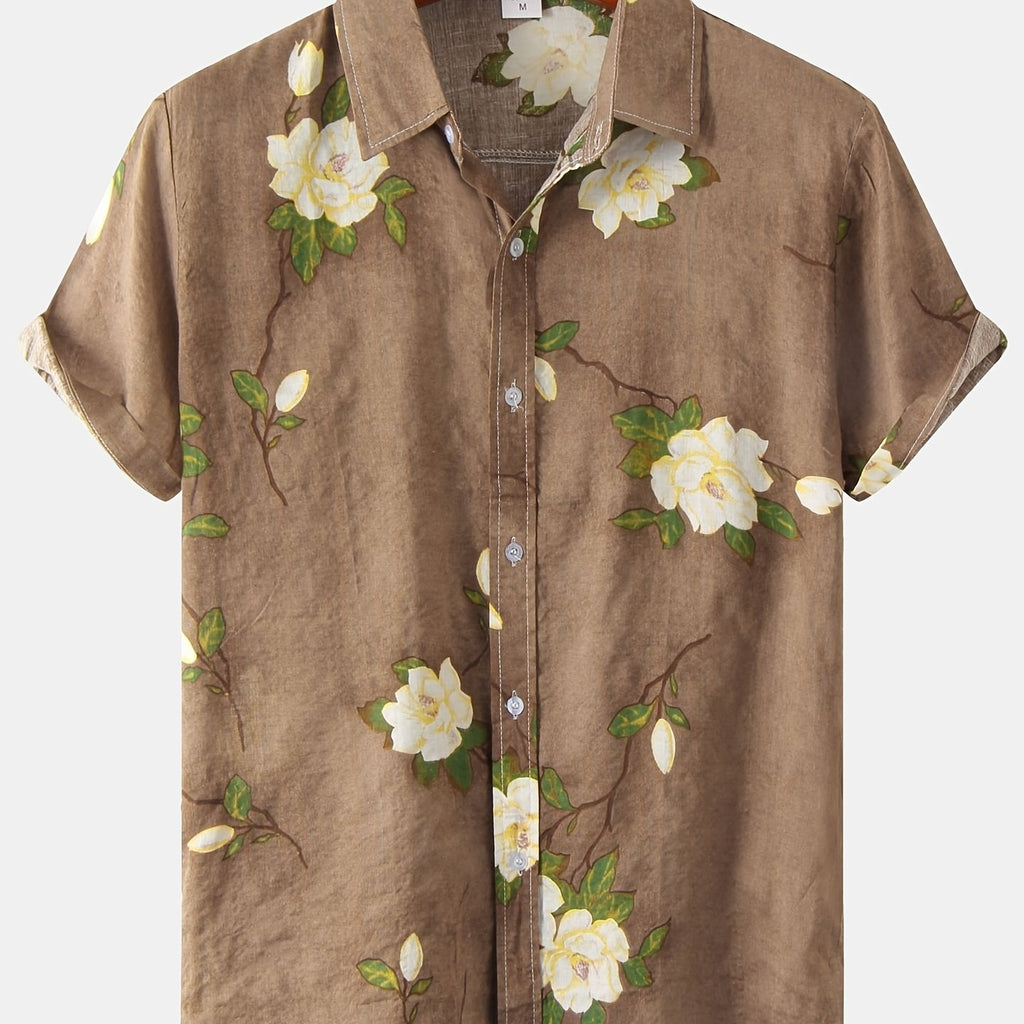 kkboxly  Men's Casual Slim Short Sleeve Shirts With Flower For Summer