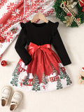 Adorable Christmas House Print Long-Sleeve A-Line Dress for Girls - Sweet Comfy Party Dresses for Spring and Fall - Ideal Gift for Little Princesses
