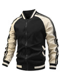 kkboxly  Men's Color Block Graphic Sports Jacket, Casual Striped Zip Up Varsity Jacket For Outdoor Fall Winter