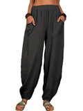 kkboxly  Solid Elastic Waist Pants, Casual Long Length Versatile Pants With Pockets, Women's Clothing