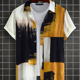 kkboxly  Men's Casual Cotton Contrast Color Short Sleeve Shirt, Male Hawaiian Shirt For Summer Beach Vacation