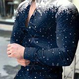 kkboxly  Snowflake Print Men's Stylish Color Block Long Sleeve Lapel Shirt For Spring Fall Outdoor