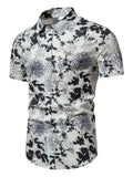 kkboxly  Men's Casual Slim Short Sleeve Shirts With Flower For Summer