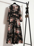 Kkboxly  Bohemian Polka Dot Print Long Dress, Ruffle Hem Round Neck Long Sleeve Elastic Waist A-Line Dresses, Women's Clothing