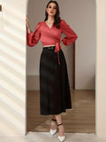 kkboxly  Solid Knotted Blouse, Elegant V Neck Lantern Sleeve Blouse, Women's Clothing