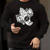 kkboxly  Cartoon Praying Hands With Money Print Sweatshirt, Men's Casual Graphic Design Slightly Stretch Crew Neck Pullover Sweatshirt For Autumn Winter