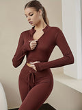 kkboxly  Women's Activewear: Fashionable Solid Color Half Zipper Yoga Sports Top with Stretchy Ribbed Knitting for Long Sleeve Fitness Workout Gym Wear