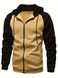 kkboxly  Autumn And Winter New Coat Color Contrast Zipper Cardigan Hooded Sweater Men's Casual Fleece Top