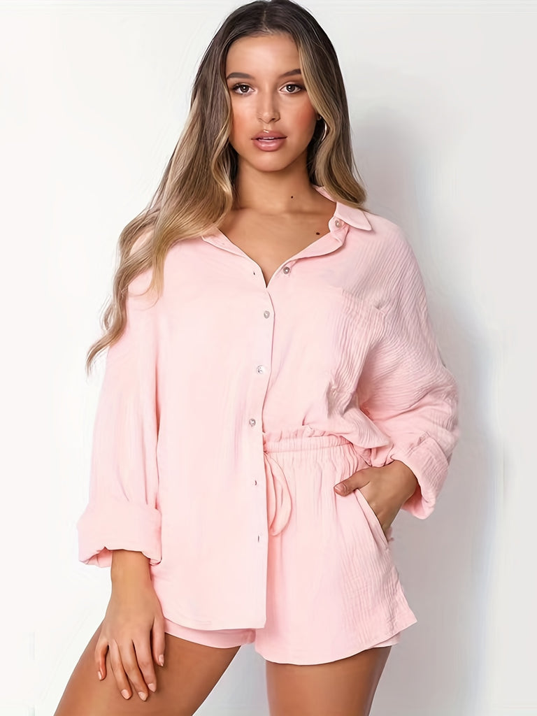 kkboxly  Casual Solid Two-piece Shorts Set, Button Front Shirt & Drawstring Shorts Outfits, Women's Clothing