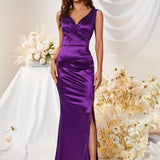 kkboxly  Solid V Neck Dress, Elegant Sleeveless Split Bodycon Dress For Party & Banquet, Women's Clothing