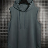 kkboxly  Mens Basic Slightly Stretch Hooded Sleeveless Drawstring Vest, Male Clothes For Summer