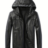 kkboxly  Men's Stylish Faux Leather Jacket With Pockets, Casual Breathable Zip Up Long Sleeve Hooded Jacket For Spring Fall Outdoor
