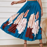 Floral Print Flared Pleated Skirt, Elegant Elastic Waist Midi Skirt, Women's Clothing