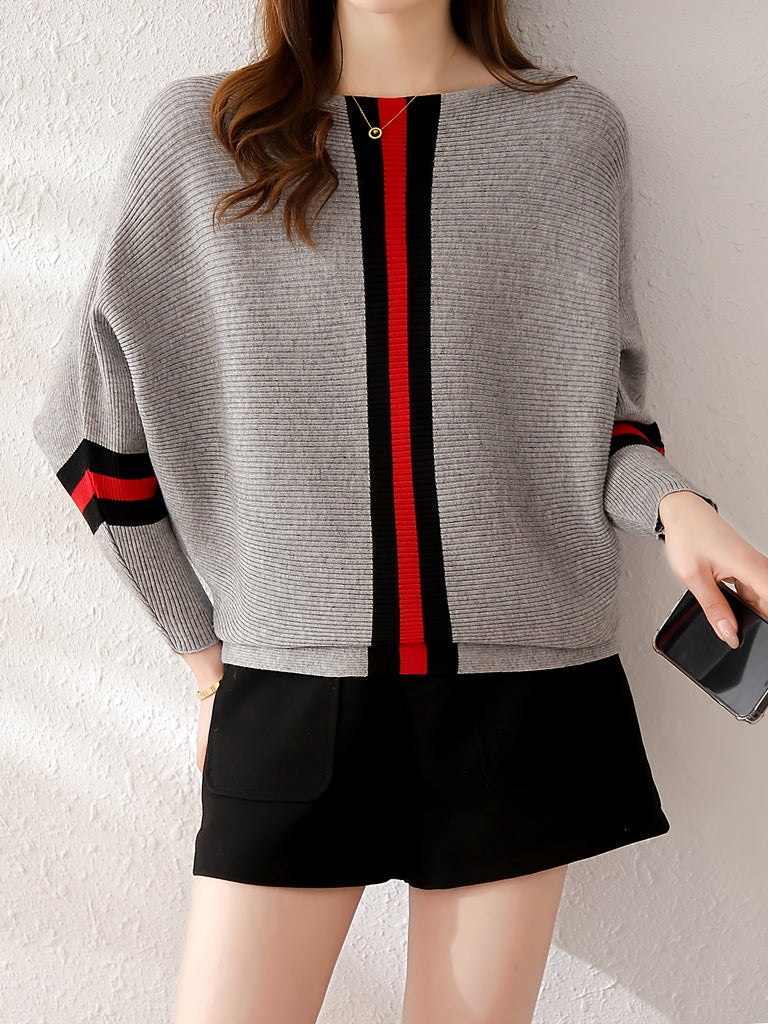 Color Block Boat Neck Knit Sweater, Elegant Long Sleeve Sweater, Women's Clothing