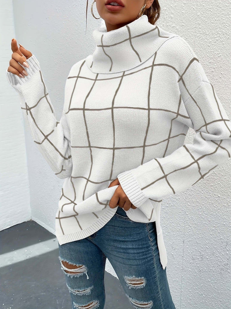 Plaid Pattern Turtleneck Knitted Pullover Top, Casual Long Sleeve Sweater For Fall & Winter, Women's Clothing