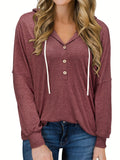 kkboxly  Drawstring Button Front Hoodie, Casual Long Sleeve Hoodies, Women's Clothing