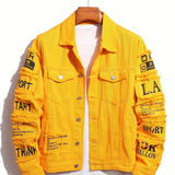 kkboxly  Letter Print Denim Jacket, Men's Casual Chic Lapel Chest Pocket Jacket