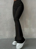 kkboxly  Solid Ribbed Flare Leg Pants, High Waist Slim Elastic Pants, Women's Clothing