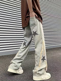 Men's Vintage Style Stars Pattern Loose Denim Pants With Pockets, Casual Breathable Cotton Blend Straight Leg Jeans For Spring Fall