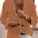 kkboxly  Solid Men's Casual Loose Long Sleeve Button Up Shirt, Spring Fall Outdoor
