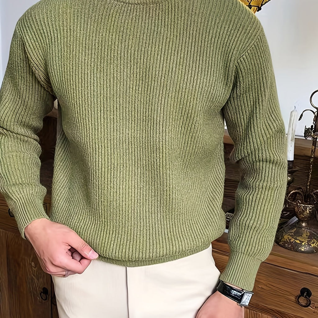 kkboxly  Warm Texture Knitted Sweater, Men's Casual Solid Color Slightly Stretch Round Neck Pullover Sweater For Fall Winter
