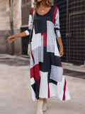 kkboxly  Patchwork Print Crew Neck Dress, Casual Long Sleeve Maxi Dress For Spring & Fall, Women's Clothing
