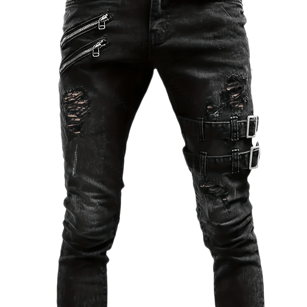 kkboxly  Men's Chic Skinny Biker Jeans, Casual Street Style Medium Stretch Denim Pants