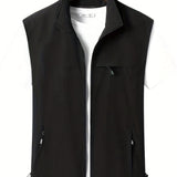 kkboxly  Zipper Pockets Cargo Vest, Men's Casual Stand Collar Zip Up Vest For Spring Summer Outdoor Fishing Photography