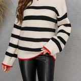 kkboxly Striped Crew Neck Loose Sweater, Elegant Long Sleeve Sweater For Fall & Winter, Women's Clothing