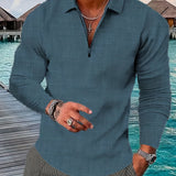 kkboxly  Men's Plus Size Plain Color Lapel Part Zipper Polo Shirt, Long Sleeve Oversized Clothing For Big And Tall Guys Best Sellers Gifts