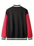 kkboxly  Warm Letter Print Star Pattern Embroidery Varsity Jacket, Men's Casual Color Block Button Up Jacket For Spring Fall School Baseball