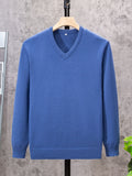 kkboxly  All Match Knitted Solid Sweater, Men's Casual Warm Slightly Stretch V Neck Pullover Sweater For Men Fall Winter