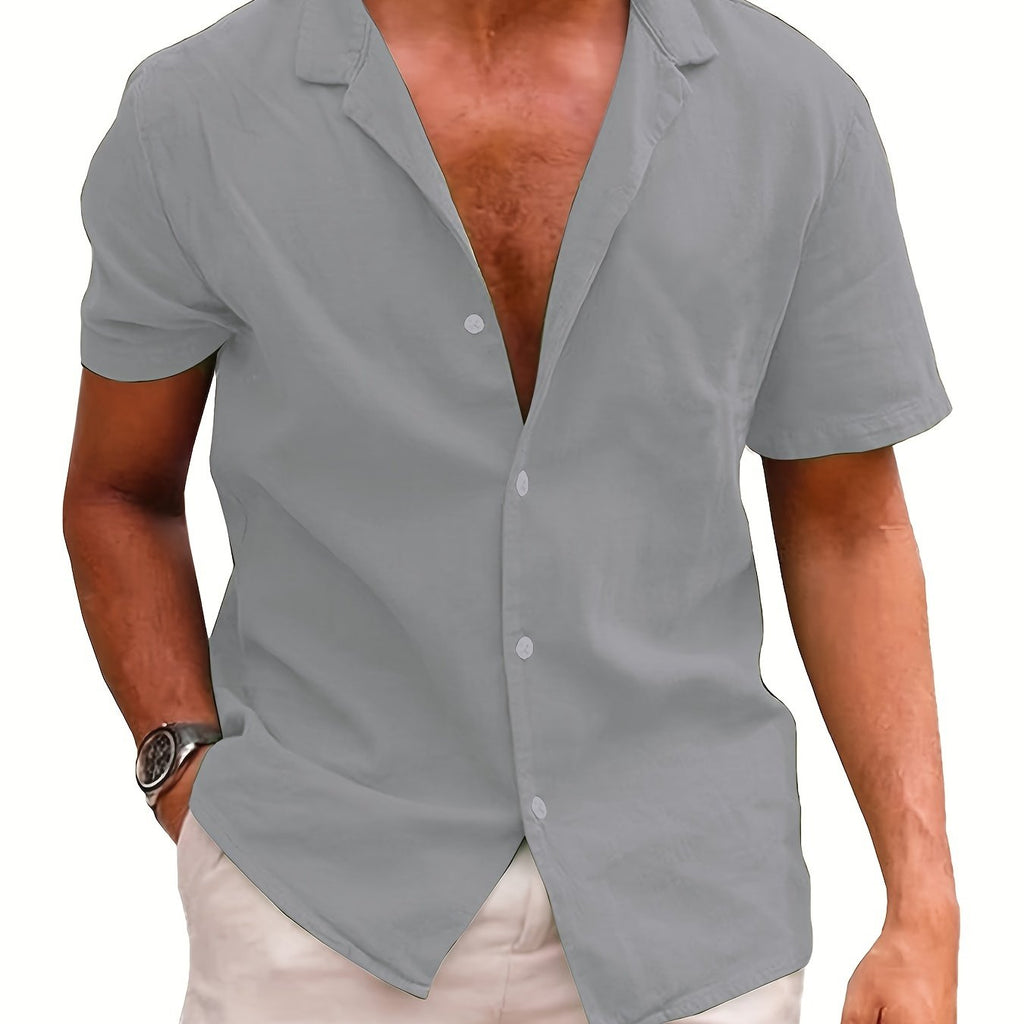 kkboxly  Men's Casual Fashion Solid Linen Shirt, Short Sleeve Shirt For Big & Tall Males, Plus Size