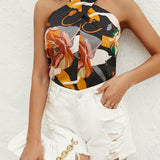 kkboxly  Floral Print Cross Halter Neck Blouse, Casual Sleeveless Blouse For Spring & Summer, Women's Clothing