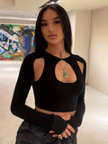 kkboxly  Sexy Cut Out Crop T-Shirt, Long Sleeve Loose Casual Top, Women's Clothing
