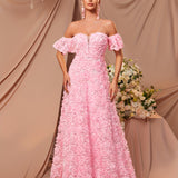 kkboxly  Sweetheart Neck Floral Dress, Puff Sleeve Off-shoulder Floor Length A-line Dress, Women's Clothing