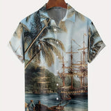 kkboxly  Hawaiian Coconut Tree Landscape Print Button Down Shirt for Plus Size Men - Casual Lapel Summer Shirt with Chest Pocket - Perfect for Holidays and Vacations
