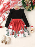 Adorable Christmas House Print Long-Sleeve A-Line Dress for Girls - Sweet Comfy Party Dresses for Spring and Fall - Ideal Gift for Little Princesses