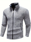 kkboxly  Warm Stand Collar Fleece Jacket, Men's Semi-formal Comfortable Solid Color Zip Up Knitted Cardigan For Spring Fall